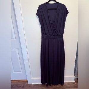 Halara V Neck Short Sleeve Side Pocket Wide Leg Flowy Jumpsuit Navy SZ XL